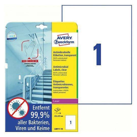 Folie samoprzylepne 210x297mm antywirusowe i antybakteryjne AVERY ZWECKFORM trwała L8011-10 przezroczyste 10ark*1szt