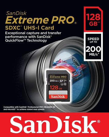 SANDISK KARTA PAMIĘCI EXTREME PRO SDXC 128GB 200/90 MB/S V30 UHS-I U3