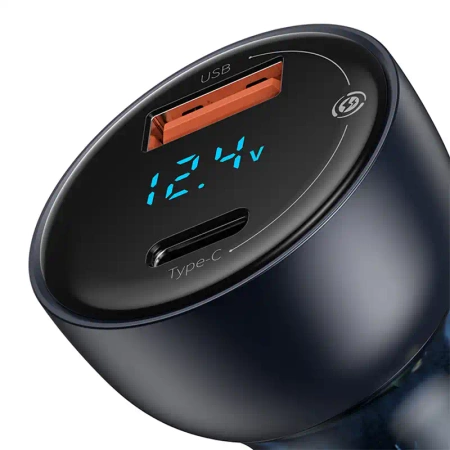 Ładowarka samochodowa Baseus Particular Digital Display z wyświetlaczem, USB + USB-C, QC3.0+PD, 5A, 65W (szara) + kabel USB-C 1m 100W (czarny)