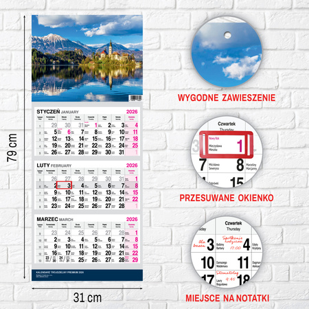 KALENDARZ WISZĄCY TRÓJDZIELNY O-PRESS ROK 2026 WIDOK