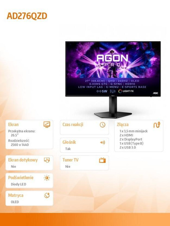 AOC MONITOR 27 CALI AD276QZD OLED 240HZ HDMIX2 DPX2 PIVOT