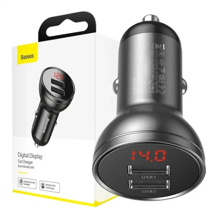 Ładowarka samochodowa BASEUS 24W 2x USB z wyświetlaczem (szara)