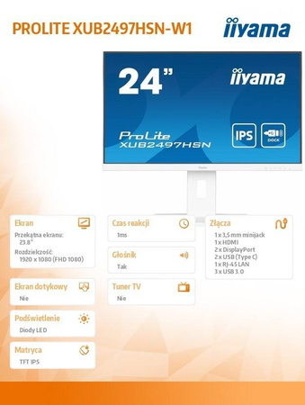 IIYAMA MONITOR 24 CALE XUB2497HSN-W1 IPS,USB-C DOCK,HDMI,DP