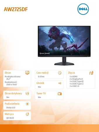 DELL MONITOR AW2725DF 27 CALI AMD FREESYNC/QD-OLED/360HZ/QHD(2560X1440)/16:9/DP/HDMI/USB-C/USB/3Y