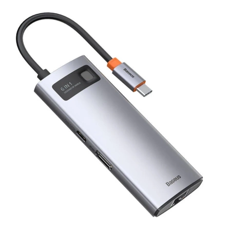 HUB 6W1 BASEUS METAL GLEAM SERIES, USB-C DO 3X USB 3.0 + HDMI + USB-C PD + ETHERNET RJ45