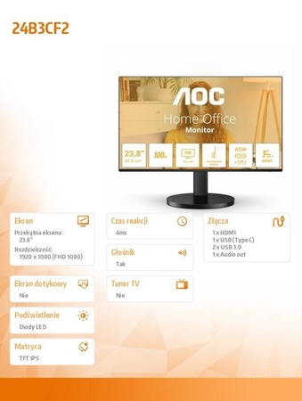 AOC MONITOR 24B3CF2 23.8 CALA IPS 100HZ HDMI USB-C HAS