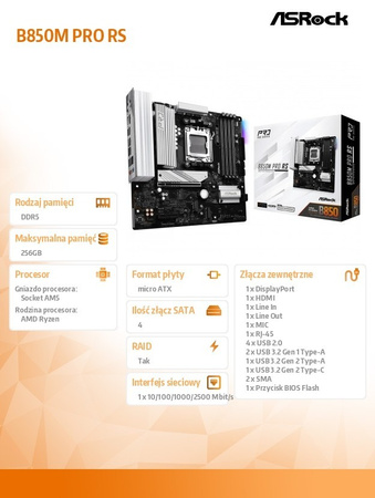 ASROCK PŁYTA GŁÓWNA B850M PRO RS AM5 4DDR5 MATX