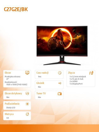 AOC MONITOR C27G2E 27 CALI ZAKRZYWIONY VA 165HZ HDMIX2 DP