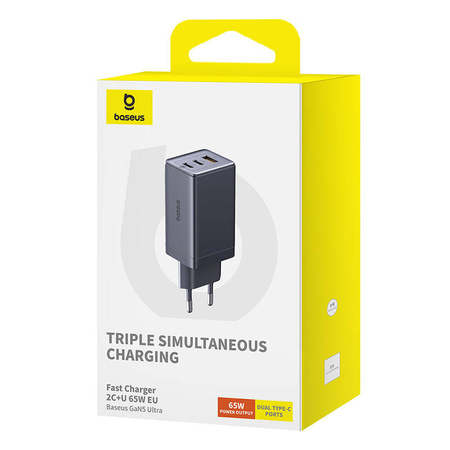 ŁADOWARKA SIECIOWA BASEUS GAN5, 2X USB-C + USB, 65W + KABEL 1M (SZARA)