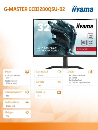 IIYAMA MONITOR 32 CALE GCB3280QSU-B2,VA,QHD,180HZ,1500R,0.2MS,4XUSB,350CD