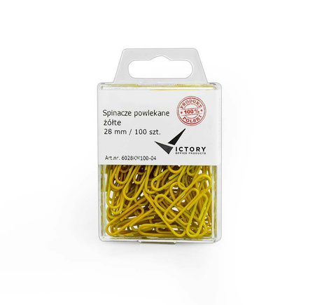SPINACZE OKRĄGŁE 28MM VICTORY OFFICE PRODUCTS 6028KM100-04 ŻÓŁTE METALOWEPOWLEKANE W ZAWIESZANYM POJEMNIKU PLASTIKOWYM 100SZT