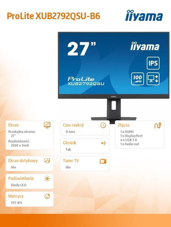 IIYAMA MONITOR PROLITE XUB2792QSU-B6 27 CALI IPS,QHD,HAS(150MM),100HZ,4XUSB3.2,SLIM