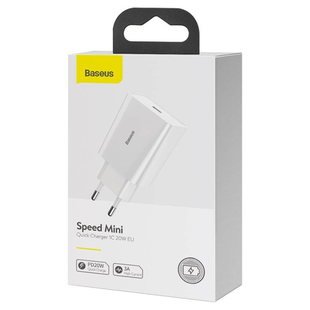 ŁADOWARKA SIECIOWA BASEUS SPEED MINI QUICK CHARGER, USB-C, PD, 3A, 20W (BIAŁA)