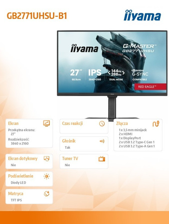 IIYAMA MONITOR 27 CALI GB2771UHSU-B1 4K 144HZ FHD 288HZ, 450CD, 2X2W, HAS 150, PIVOT