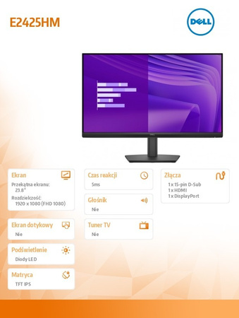 Dell Monitor E2425HM 23.8  cala VA LED Full HD (1920x1080)/16:9/DP/HDMI/VGA/3Y