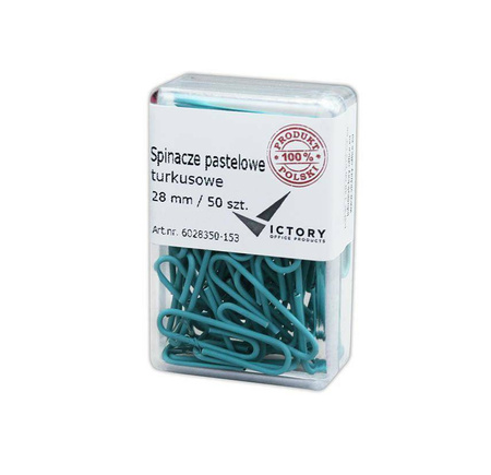 SPINACZE OKRĄGŁE 28MM VICTORY OFFICE PRODUCTS 6028350-153 PASTELOWE TURKUSOWE METALOWEPOWLEKANE W POJEMNIKU PLASTIKOWYM 50SZT