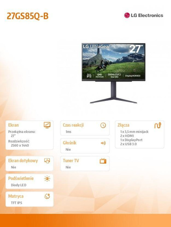 LG ELECTRONICS MONITOR 27 CALI 27GS85Q-B QHD ULTRAGEAR 100HZ, 1MS, 400CD, HDMI, DP, USB, PIVOT, HAS