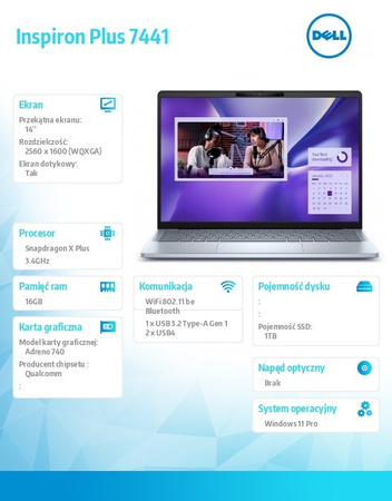 DELL NOTEBOOK INSPIRON PLUS 7441/XPLUS10C/16GB/1TB SSD GEN4/14.0 QHD+ TOUCH/ADRENO GPU/FGRPR/CAM & MIC/WLAN + BT/BACKLIT KB/3 CELL/3Y BASIC ONSITE