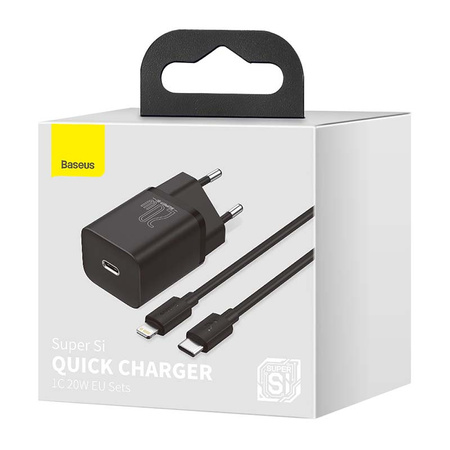 ŁADOWARKA SIECIOWA BASEUS SUPER SI QUICK CHARGER 1C 20W Z PRZEWODEM USB-C DO LIGHTNING 1M (CZARNA)