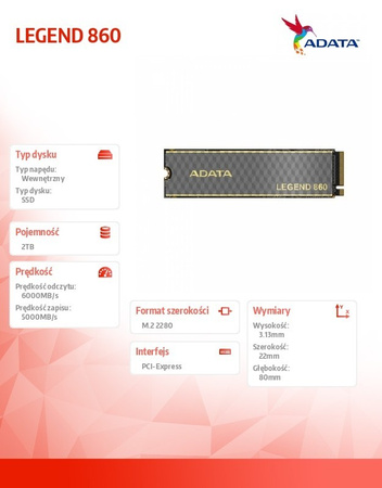 ADATA DYSK SSD LEGEND 860 2TB PCIE 4X4 6000/5000 MB/S M.2
