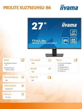 IIYAMA MONITOR 27 CALI XU2792UHSU-B6 4K,IPS,DP,HDMI,USB-C POWER DELIVERY, 350 CD, DPS