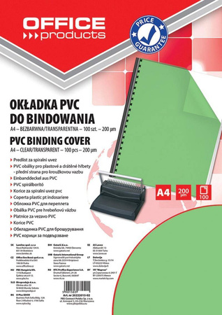 FOLIA DO BINDOWANIA A4 OFFICE PRODUCTS PRZEZROCZYSTA ZIELONA 200MIC 100 SZT
