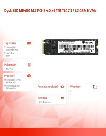 AFOX DYSK SSD ME400 M.2 PCI-E 4.0 X4 1TB TLC 7.3 / 5.2 GB/S NVME