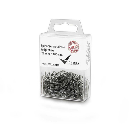 SPINACZE TRÓJKĄTNE 22MM VICTORY OFFICE PRODUCTS 63T22KM100 METALOWE W ZAWIESZANYM POJEMNIKU PLASTIKOWYM 100SZT