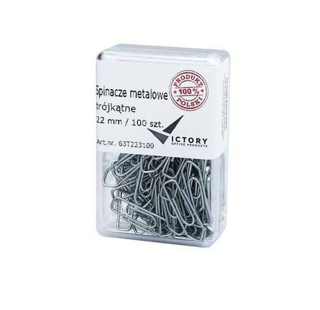 SPINACZE TRÓJKĄTNE 22MM VICTORY OFFICE PRODUCTS 63T223100 METALOWE W POJEMNIKU PLASTIKOWYM 100SZT
