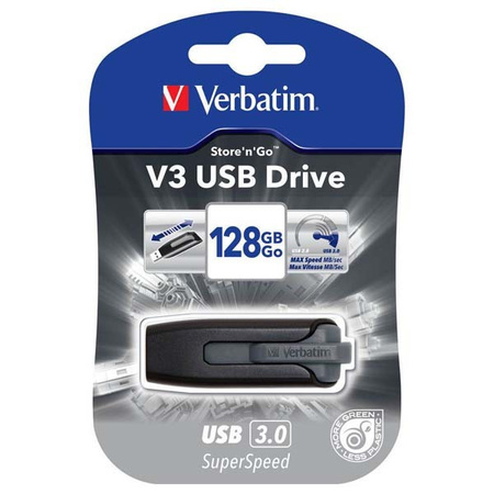VERBATIM USB FLASH DISK, USB 3.0, 128GB, V3, STORE N GO, CZARNY, 49189, USB A, Z WYSUWANYM ZŁĄCZEM