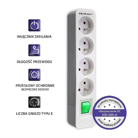 QOLTEC LISTWA ZASILAJĄCA | 4 GNIAZDA | 1.8M | BIAŁO-SZARA