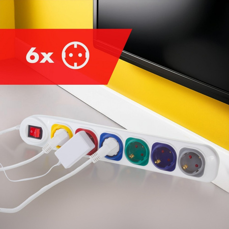 MACLEAN PRZEDŁUŻACZ 6 GNIAZD 1.5M MCE509 W 250VAC/10A BIAŁY, 2500 W, IP20