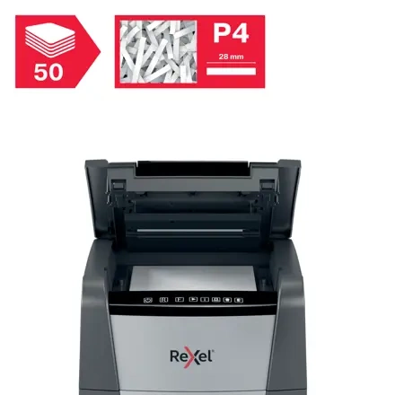 NISZCZARKA A4 REXEL OPTIMUM AUTOFEED+ 50X 2020050XEU CZARNA 50 KRT ŚCINKI 4X28MM 20 LITRÓW