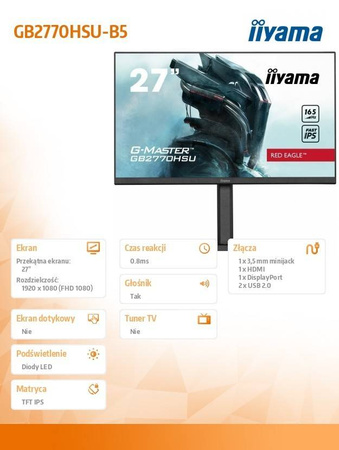 IIYAMA MONITOR 27 CALI GB2770HSU-B5 0.8MS,IPS,DP,HDMI,165HZ,PIVOT,FREESYNC