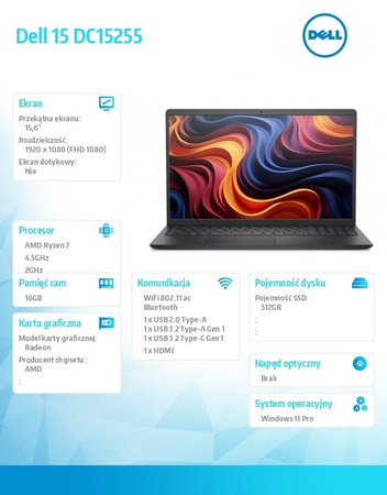 DELL LAPTOP DELL 15 DC15255 W11P R7-7730U/16GB/1TB SSD/AMD RADEON/WLAN+ BT/15.6 FHD/BACKLIT KB/3 CELL/65W/3YPS CARBON BLACK (PLASTIC)