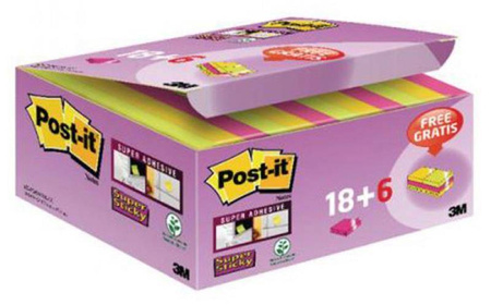KARTECZKI SAMOPRZYLEPNE 47,6X47,6MM 3M POST-IT® SUPER STICKY 622-P24SSCOL MIX KOLORÓW (18+6)X90 KART