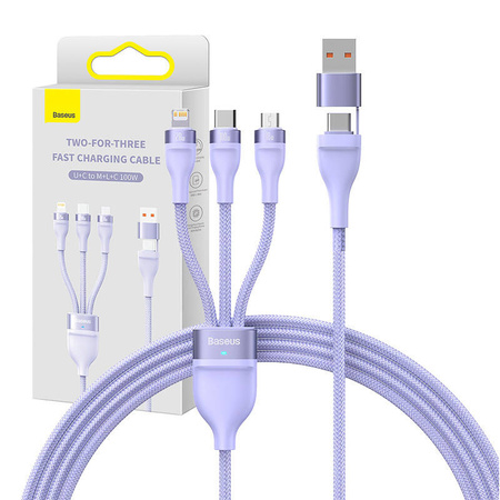 KABEL USB 3W1 BASEUS FLASH SERIES 2, USB-C + MICRO USB + LIGHTNING, 100W, 1.2M (FIOLETOWY)
