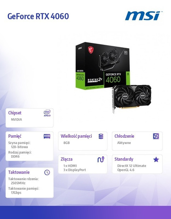 MSI KARTA GRAFICZNA GEFORCE RTX 4060 VENTUS 2X BLACK OC 8GB GDDR6 128BIT