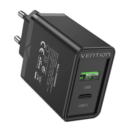 ŁADOWARKA SIECIOWA EU USB-A (18W) USB-C (20W) VENTION FBBB0-EU 2.4A PD3.0 (CZARNA)