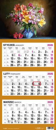 KALENDARZ WISZĄCY TRÓJDZIELNY O-PRESS ROK 2026 EKONOMICZNY KWIATY