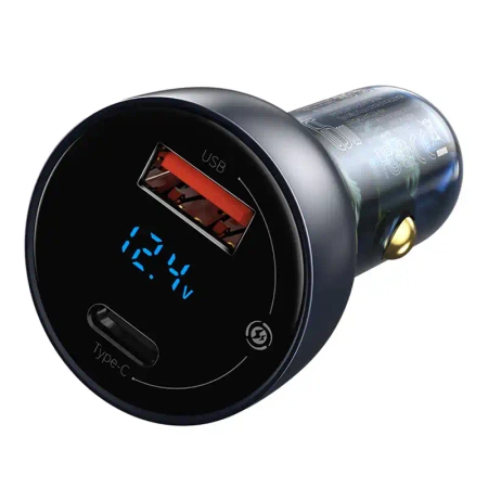 Ładowarka samochodowa Baseus Particular Digital Display z wyświetlaczem, USB + USB-C, QC3.0+PD, 5A, 65W (szara) + kabel USB-C 1m 100W (czarny)