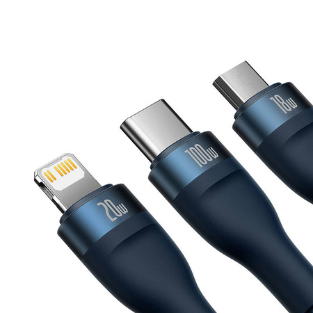 KABEL USB 3W1 BASEUS FLASH SERIES 2, USB-C + MICRO USB + LIGHTNING, 100W, 1.2M (NIEBIESKI)