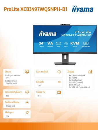 IIYAMA MONITOR 34 CALE XCB3497WQSNPH-B1,VA,UWQHD,1500R,USB-C DOCK 95W, RJ45, KVM,2X5W, KAMERA 5MP, /5Y/