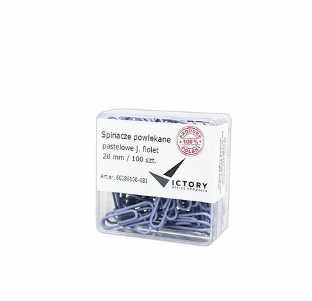 SPINACZE OKRĄGŁE 28MM VICTORY OFFICE PRODUCTS 60286100-081 PASTELOWE JASNOFIOLETOWE METALOWEPOWLEKANE W POJEMNIKU PLASTIKOWYM 100SZT