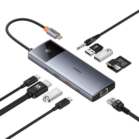 HUB 10W1 BASEUS METAL GLEAM II SERIES, USB-C DO 1XHDMI, USB-A (10GBPS), USB-C, 2XUSB-A, ETHERNET RJ45, KARTA SD/TF, MINI-JACK 3,5MM, USB-C(PD)