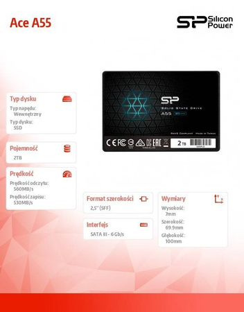 SILICON POWER DYSK SSD SLIM ACE A55 2TB 2,5 CALA SATA3 560/530 MB/S 7MM