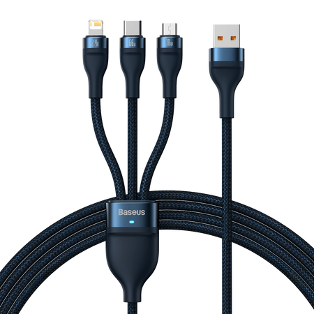 KABEL USB 3W1 BASEUS FLASH SERIES, USB-C + MICRO USB + LIGHTNING, 66W, 1.2M (NIEBIESKI)