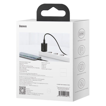 ŁADOWARKA SIECIOWA BASEUS SUPER SI QUICK CHARGER 1C 25W Z PRZEWODEM USB-C DO USB-C 1M (CZARNA)