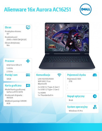 DELL LAPTOP ALIENWARE 16X AURORA AC16251 WIN11PRO C9 275HX/32GB/2TB/16.0 WQXGA/GEFORCE RTX 5070/WLAN + BT/RGB BACKLIT KB/6 CELL/280W