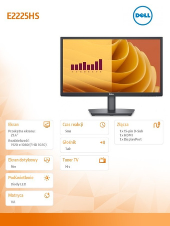 DELL MONITOR E2225HS 21.4 CALA LED VA FHD/(1920X1080)/16:9/DP/HDMI/VGA/GŁOŚNIKI/3Y
